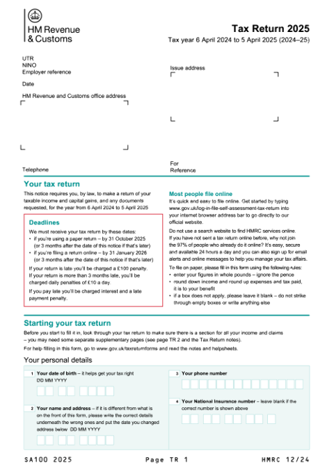 Page TR 1 of the SA100 2025 self-assessment tax return form Page TR 1 of the SA100 2025 self-assessment tax return form