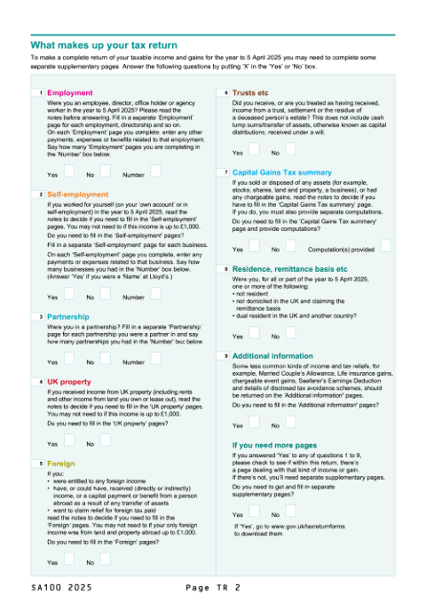 Page TR 2 of the SA100 2025 self-assessment tax return form Page TR 2 of the SA100 2025 self-assessment tax return form